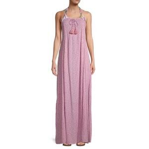 Tiare Hawaii Poet Floral Print Pink Maxi Dress Tasseled Lace-Up Neck One Size